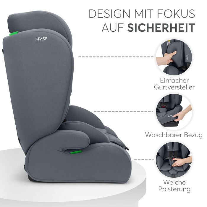 Автокрісло KikkaBoo 9-36 кг i-PASS, група 1/2/3, i-Size, 15 місяців - 12 років, сірий колір