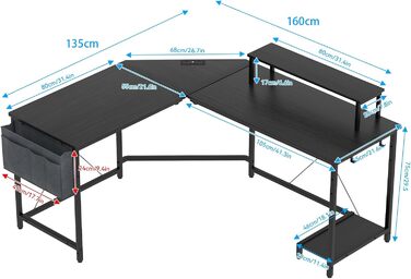 Ігровий стіл HaodaCulture 160x135 см з підставкою для монітора, 2 розетки та 2 USB-порт, кутовий, для комп'ютера, великий, 160 x 135 x 75 см