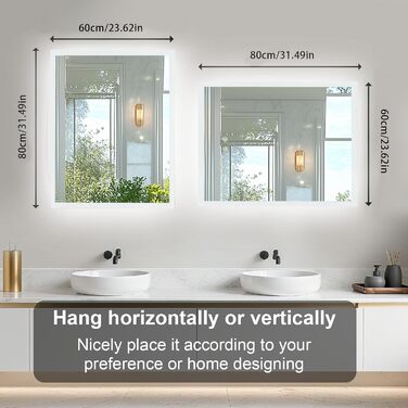 Дзеркало для ванної кімнати LUVODI з підсвічуванням 40x50 см: регульоване LED дзеркало з 3 кольорами світла, сенсорне керування, антизапарник, водонепроникне, настінне, горизонтальне/вертикальне встановлення (80x60 см)