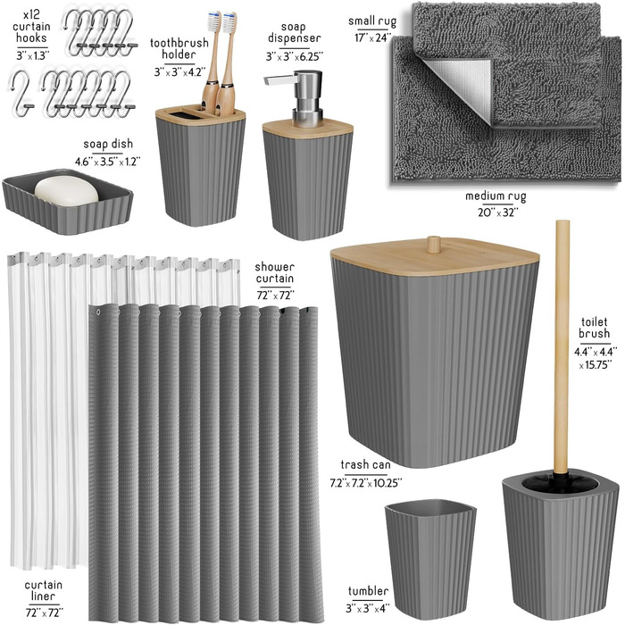 Набір аксесуарів для ванної кімнати Clara Clark, 22 предмети, сірий колір. Включає: душову завісу, килимок для ванної, сміттєвий бак. Повний комплект