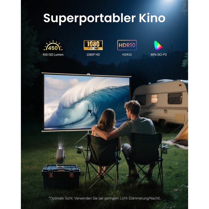 Портативний проєктор Dangbei Freedo з акумулятором, 450 ISO люмен, Google TV & Netflix, Dolby Audio, 1080P, HDR10, 165° нахил, Smart проєктор з WiFi & Bluetooth для дому та відпочинку на природі, 2,5 години роботи, з чохлом