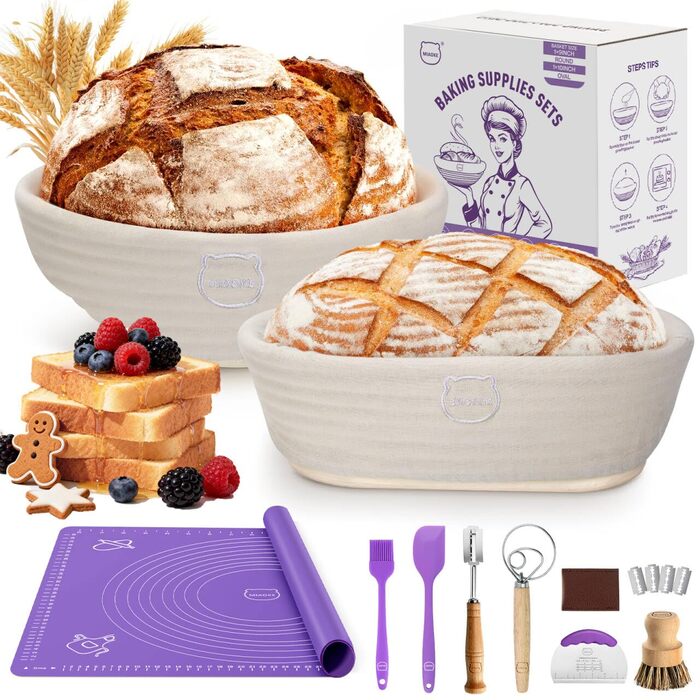 Набір для випікання кислотного хліба MIAOKE: корзини для бродіння, скребок для тіста, ніж для хліба, пензлик, підкладки та інше