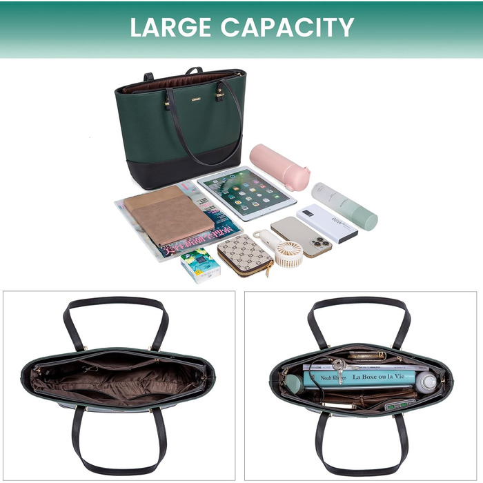 LOVEVOOK Сумка-шоппер для жінок, велика шкіряна сумка, набір 3 шт. (C темно-зелений, чорний)