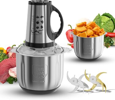 Електричний подрібнювач для кухні з 3L скляною та 3L нержавіючою чашею, 300W, 2-лезові сталеві ножі, 3 швидкості, придатний для миття в посудомийній машині, для фруктів, овочів, м'яса