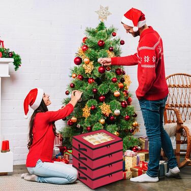 Коробка для зберігання новорічних прикрас з перегородками, 4 шт. Складана коробка для ялинкових іграшок, органайзер для куль, з ручками, червона