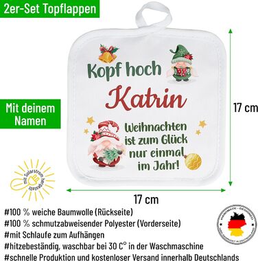 Набір з 2 іменних прихваток Kopf hoch Wunschname - кумедні прихватки з іменами - різдвяні подарунки для жінок та чоловіків (макс. 50 символів)
