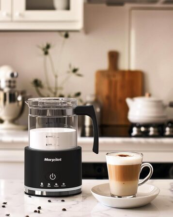 Електричний піноутворювач для молока Morpilot, 130-500 мл, 600 Вт, 4-в-1, для гарячого та холодного молока, миється в посудомийній машині, скляний, дизайн Latte, чорний