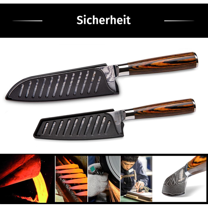 Набір кухонних ножів Wolfblood з дамаської сталі (2 шт.): Сантоку 30см та 24см. Дамаський сталь 67 шарів, твердість 62 HRC, сертифікат TÜV, дерев'яні ручки, подарункова коробка, захист леза.