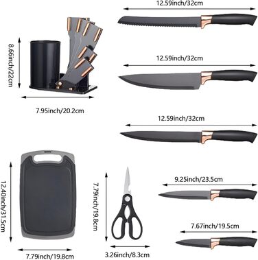 Набір кухонних ножів 19 в 1 з блоком, аксесуари для кухні та набір кухонних ножів, включає 11 шт. силіконових кухонних аксесуарів, 5 шт. гострих ножів з нержавіючої сталі, ножиці та дошку для нарізання (чорний)