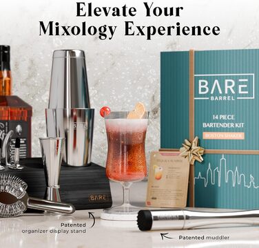 Набір бармена Pro Mixology: 14 предметів, Boston Shaker 28oz, бамбуковий підставник, рецепти коктейлів. Ідеальний подарунок для дому.