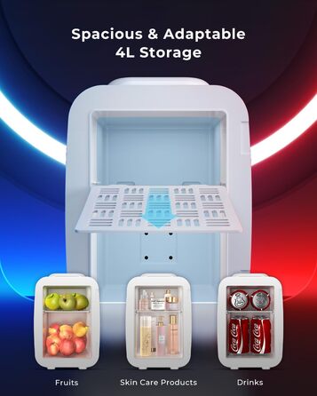 Міні-холодильник BEICHEN 4Л з RGB-підсвіткою, 2в1 (охолодження та підігрів) для напоїв, косметики та геймінгу, 220В/12В, білий