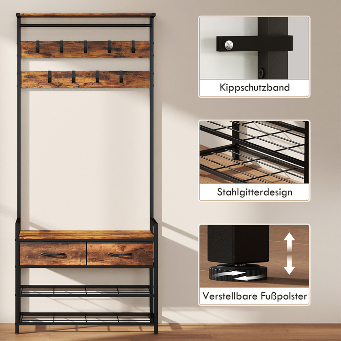 Вішалка для одягу з гачками, лавка для взуття, індустріальний органайзер для передпокою, сталевий каркас, рустикально-коричневий