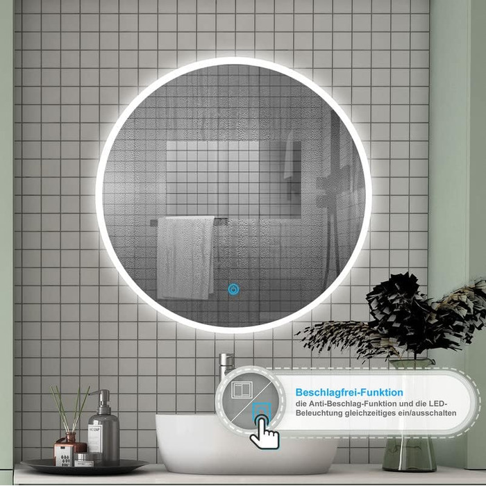 LED дзеркало для ванної кімнати Aica Sanitär, кругле, 50 см, з підсвічуванням (холодне/нейтральне/тепле світло), диммування, функція пам'яті, сенсорне управління, запобігання запотіванню, автоматичне вимкнення