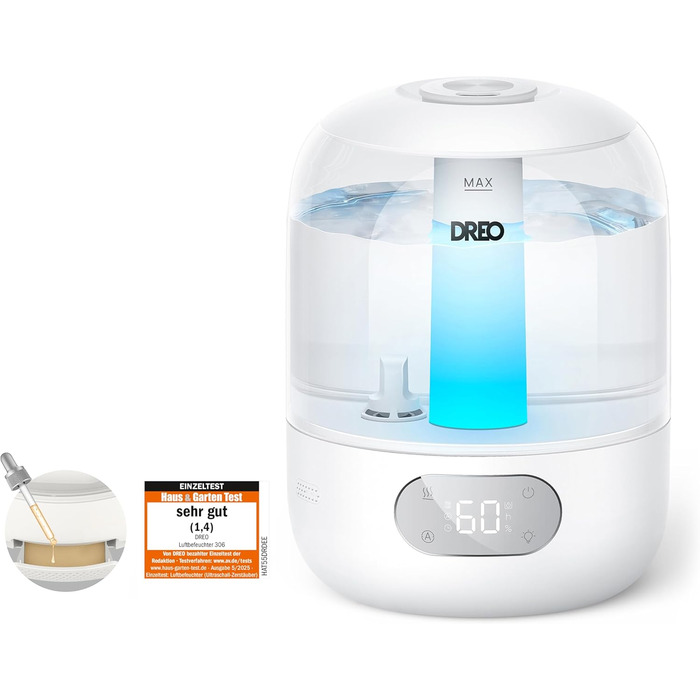Зволожувач повітря Dreo для спальні: ультразвуковий, холодний туман, 3L, датчик вологості, нічник, для дітей, кімнатних рослин та дому (білий)