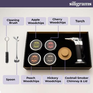 Набір для копчення напоїв Siligrams Cocktail Smoker Set: преміум-набір для віскі, коктейлів, з бутановою факелом та стружкою