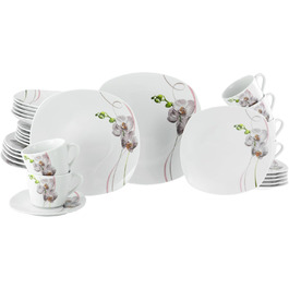 CreaTable Серія Square Orchidee: 18-частинний набір посуду на 6 осіб, порцеляновий кавовий сервіз, придатний для миття в посудомийній машині та використання в мікрохвильовій печі, преміум-якість