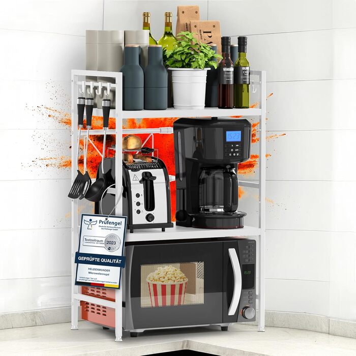 Поличка для мікрохвильової печі, кухонна поличка, сталева | 3-ярусна, регульована висота та довжина, з гачками, інструкція у відеоформаті (Білий)