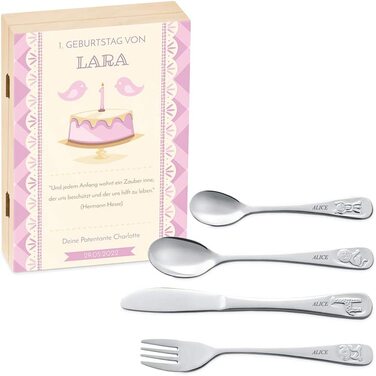 Набір дитячого столового прибору Maverton Kinderbesteck з гравіюванням + дерев'яна коробка з надруком (з тваринами) з нержавіючої сталі, коричневий. Подарунок для дівчинки на день народження, хрещення, народження. Різдвяні подарунки. Ведмедик (торт на ден