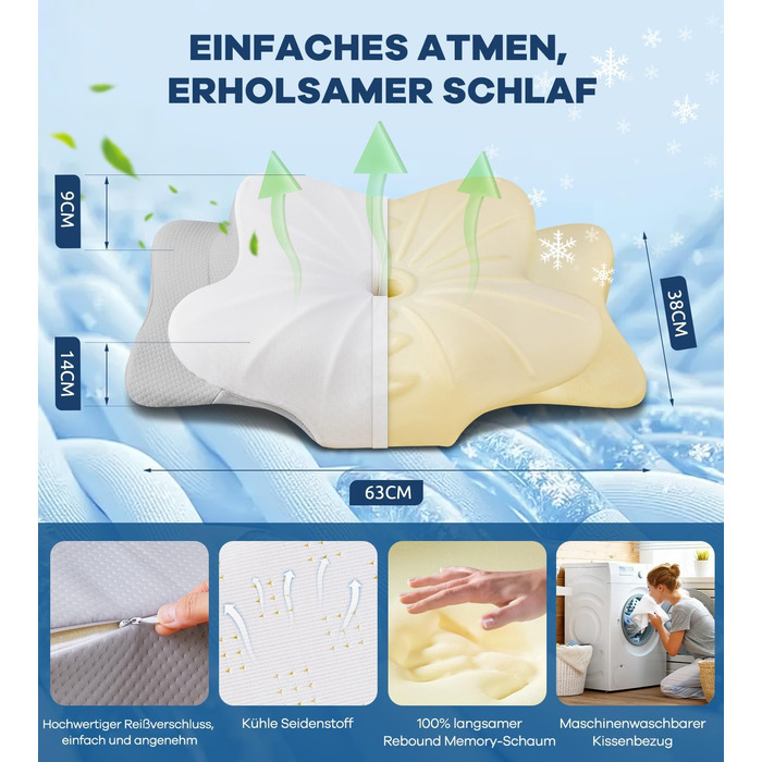 Подушка з піною з пам'яті DONAMA: ергономічна подушка для шиї, для сну на боці, спині та животі (сіро-біла, 63 x 38 x 14 см)