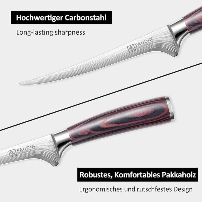 Ніж сантоку PAUDIN з дамаської сталі, 13 см - професійний кухонний ніж для кухні, надзвичайно гострий, з високоякісної нержавіючої сталі та ергономічною ручкою G10 (рибний ніж 18 см)