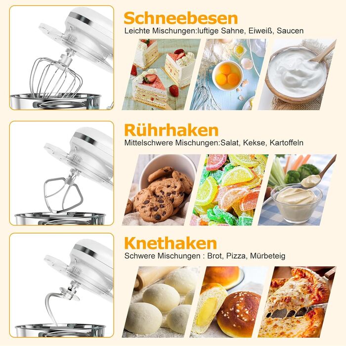 Кухонна машина AUMATE 1400W з міксером, гаком для тіста та набором насадок (6.2 л, порцеляна)