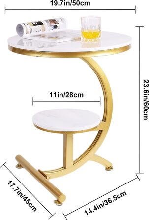 Мармуровий круглий бічний стіл Диван C-подібної форми, 60 см круглий, сучасний стіл для вітальні, металевий стіл на вулиці, золото/білий