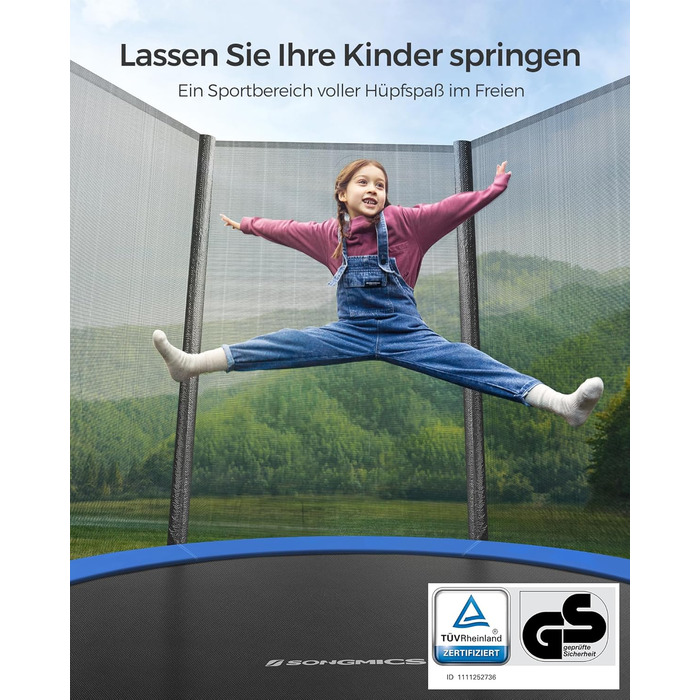 Батут SONGMICS вуличний Ø183/244/305/366/427 см, дитячий садовий батут з захисним покриттям, сіткою, драбиною та м'якими стійками (183 см, Синій)