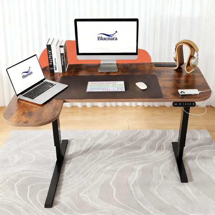 Електричний кутовий стіл з регулюванням висоти 150 см, L-подібний, з 4 пам'яттю, спліт-плита, для дому та офісу (150x68 см, коричнево-помаранчевий)