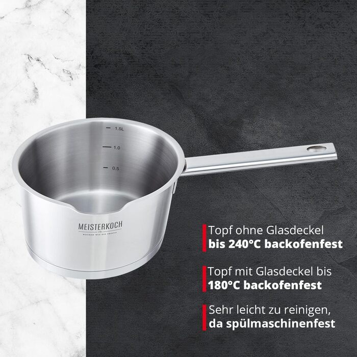 Каструля Meisterkoch з нержавіючої сталі 16 см | з виливом, мірною шкалою та ізольованою ручкою | 1 скляна кришка з дрібним та великим ситом | посуд з нержавіючої сталі, підходить для індукційних плит 16 см