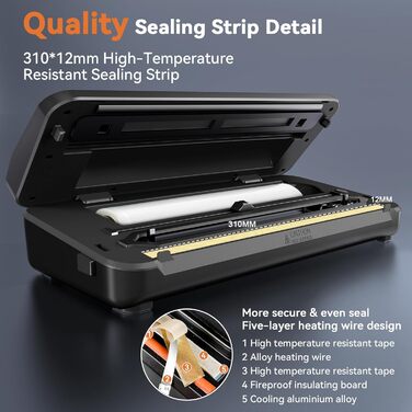 Вакууматор для продуктів 8-в-1, вакуумний пакувальник 80 кПа (сухий/вологий режим) з вбудованим різаком, цифровим таймером та набором пакетів, чорний