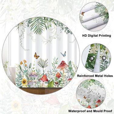 Штора для душу 180x220 см, Антигрибкова, з тропічним дизайном (пальмові листя, евкаліпт, гриби), водонепроникна, поліестер, для ванної кімнати, з 12 гачками, зелена