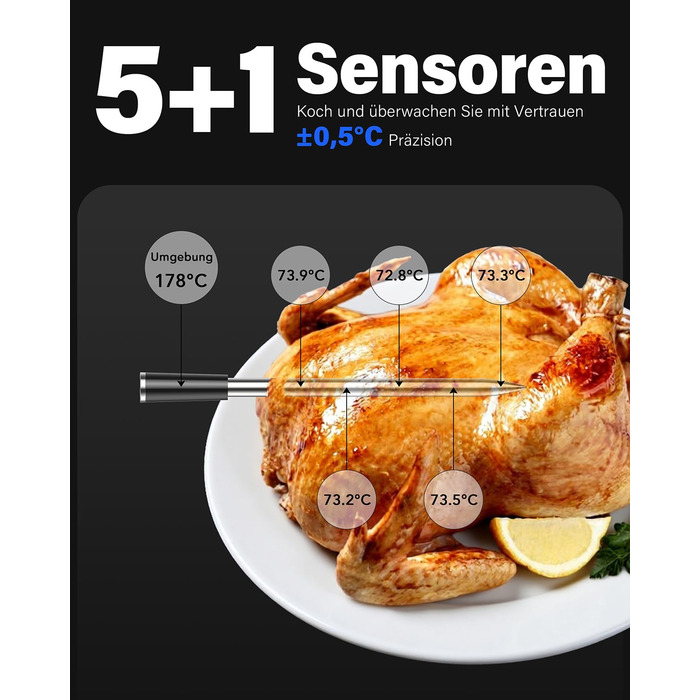 Термометр для гриля та м'яса з Wi-Fi та Bluetooth BFOUR: 6 датчиків, IP67, 2600mAh, керування через додаток