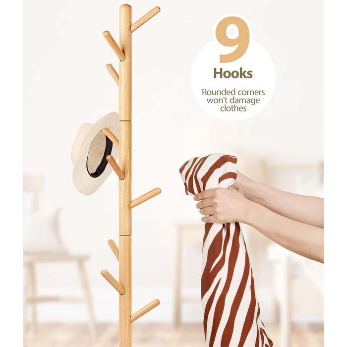Підставка для одягу з бука, 9 гачків, 3 рівня висоти, білий колір, дерев'яна