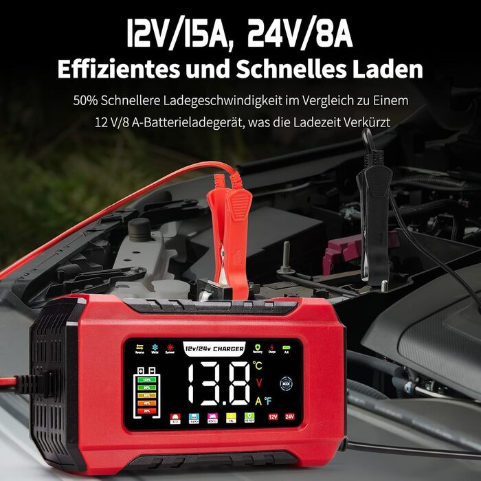 Зарядний пристрій для акумулятора HAUSPROFI 15A 12V/24V з функцією ремонту та підтримання заряду, 9-ступінчаста зарядка, LCD-дисплей для авто, вантажівки, мотоцикла, човна. Підходить для акумуляторів: свинцево-кислотних, AGM, EFB, LiFePO4