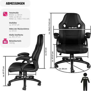 Ігрове крісло tectake, ергономічне офісне крісло, офісне крісло для перегонів, крісло для керівника з функцією гойдалки та підлокітниками, поворотне крісло, регульоване по висоті стілець, крісло для ПК, ігрове крісло - чорний/синій (чорно-чорний No 403481