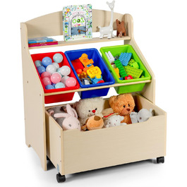 Дитяча полиця DREAMADE, полиця для іграшок з 3 ящиками для зберігання, 1 шафою, що перекочується, і 1 відкритою полицею, полицею для зберігання іграшок для ігрової кімнати, дитячої кімнати, дитячого садка (природа)