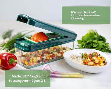 Набір для нарізки овочів Genius Nicer Dicer Exclusive 15 елементів, набір для нарізки кубиками + набір для нарізки помідорів, 4 насадки + груба тертка та шинковка, контейнер 2500 мл, зелений