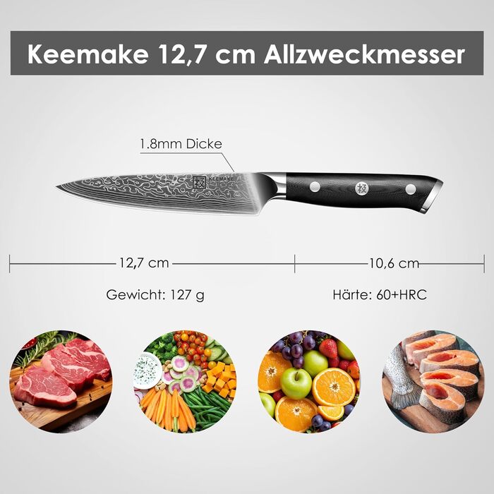Набір кухонних ножів Keemake з дамаської сталі (3 шт.) - кухонний набір з 67 шарів дамаської сталі з ергономічною ручкою G10, гострий кухонний ніж, ніж сантоку та універсальний ніж для кухні