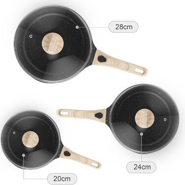 Набір сковорідок RIOVARM з індукційним покриттям та знімними ручками, антипригарний набір з кришками 20/24/28 см, без PFOA, посуд для всіх типів плит, придатний для миття в посудомийній машині та духовки (Чорний, 3 шт. з кришками та знімними ручками)