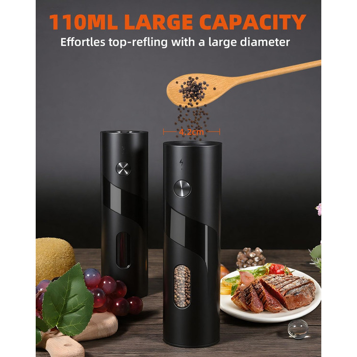 Електричний набір для солі та перцю з зарядною станцією, об'єм 110 мл, перезаряджувана млинка для солі з 5 рівнями, керамічна млинка з щіткою, 2 шт., чорний