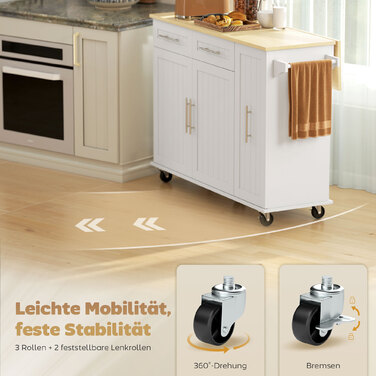 Мобільний кухонний острівець з розширюваною поверхнею, шафки, ящики, тримач для рушників, кухонна візок з МДФ, білий