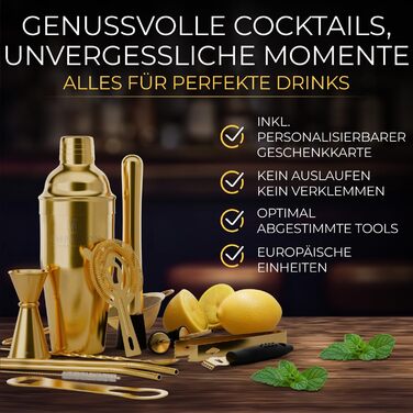 Набір для коктейлів Cobbler 700мл з нержавіючої сталі, професійний шейкер для барменів з підставкою та рецептами, класичний набір (Gold)