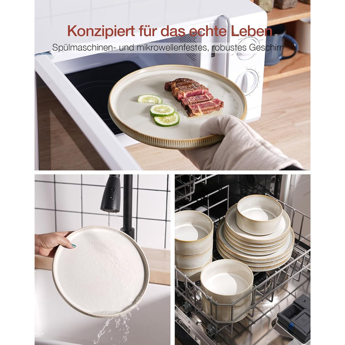 Набір тарілок Star 12 предметів для 4 осіб, керамічний посуд, стійкий до подряпин, для мікрохвильової печі та посудомийної машини, білий капучино