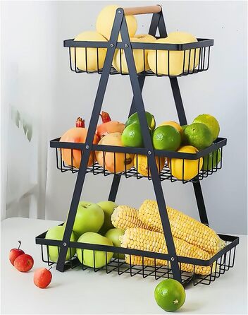 Двоярусна ваза для фруктів, 3-ярусна кошик для фруктів, кошик для хліба з фруктами, кошик для овочів, сучасна для прикраси кухні, овочі, фрукти, закуски (чорний, квадратний), 3-