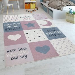 Домашній дитячий килим Paco для дитячої кімнати, сердечка, що миються для дівчаток, зірки, Місяць, рожевий, сірий, Розмір (140x200 см)