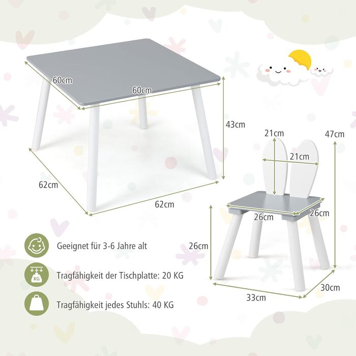Дитячий стіл COSTWAY на 2 стільці, 3 шт. Дитяча група для сидіння, ніжки з масиву дерева, вушка зайчика, 3-6 років, сірий