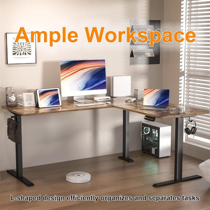 Електричний кутовий стіл BEXEVUE з регулюванням висоти 160x140 см, 3 функції пам'яті, антиколізійна технологія, ергономічний, коричневий