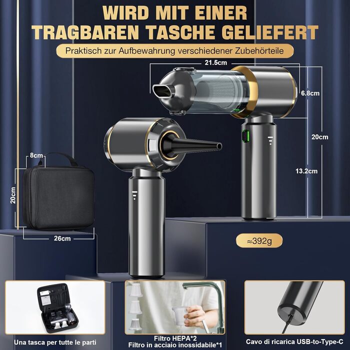 Акумуляторний ручний пилосос 4-в-1 для авто та дому, безщітковий двигун 28000Па, 3 режими потужності, міні-пилосос для офісу та кухні