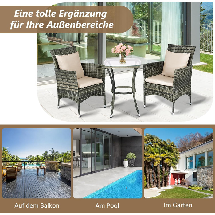 Набір садових меблів GIANTEX для балкона: стіл та 2 стільці з ротангу, комплект на 2 особи, з подушками (бежевий)