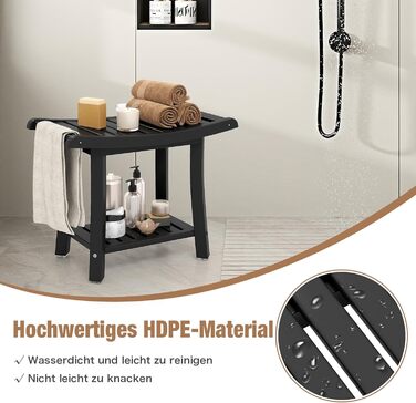 Двомісний стілець для душу Costway з полицею, 170 кг, 60,5 x 34 x 48 см (Чорний)